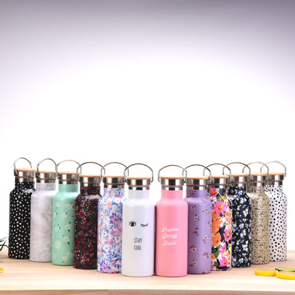 500 mL Printed Stainless Steel Thermos Bottle with Bamboo Lid
