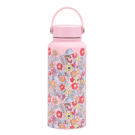 Pink thermos bottle with floral pattern on a white background
