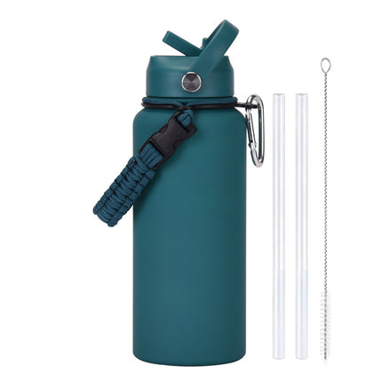 1 L Stainless Steel Thermos Bottle with Straw and Braided Strap