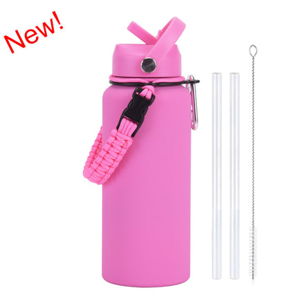 1 L Stainless Steel Thermos Bottle with Straw and Braided Strap