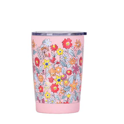 Floral-patterned tumbler with product details on a white background