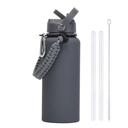 1 L Stainless Steel Thermos Bottle with Straw and Braided Strap