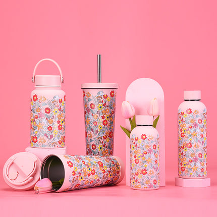 Printed Wide-Mouth Stainless Steel Thermos Cup with Straw - 350–1000 mL