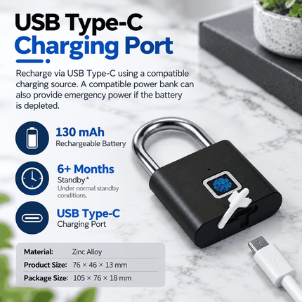 Smart Fingerprint Padlock with Bluetooth App Unlocking, USB-C & IP64 Protection