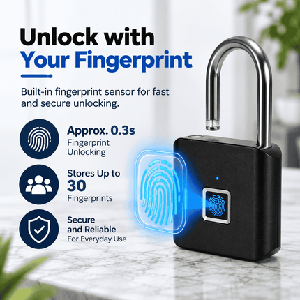 Smart Fingerprint Padlock with Bluetooth App Unlocking, USB-C & IP64 Protection