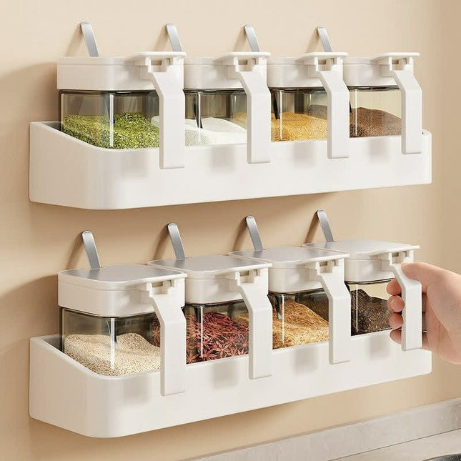 Kitchen Spice Rack for Home Use, Moisture-Proof Seasoning Box with Spoon, Wall-Mounted, No-Drill Cream-Style Storage Rack [SAMATIFY-CLEANED target=all_text]