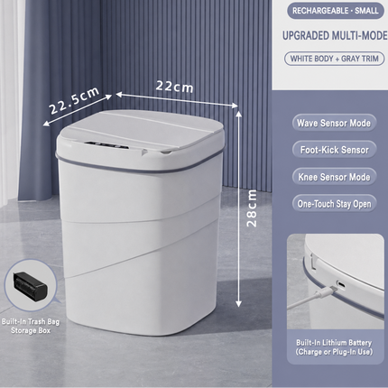 A smart trash can with dimensions labeled (22.5cm, 22cm, 28cm) on a gray floor against a blue curtain background, with feature callouts and a small built-in trash bag storage box inset.