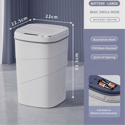 A large white and gray SAMATIFY automatic trash can with dimension annotations showing 22.5cm lid width, 22cm lid depth, and 33.
