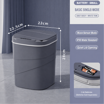 SAMATIFY battery-powered single-mode smart trash can in gray with white trim, shown with dimension annotations (22.5cm, 22cm, 28cm) and feature callouts on a gray floor against a blue-gray curtain background.