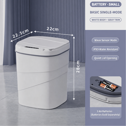 SAMATIFY small battery-powered single-mode trash can with white body and gray trim, shown with dimension labels (22.5 cm width, 22 cm lid opening, 28 cm height) and feature callouts on a gray interior room background.