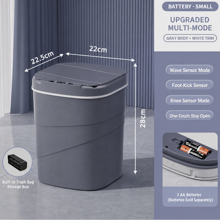 Gray trash bin with dimensions and features on a gray background