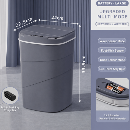 SAMATIFY battery-operated large trash can with dimensions shown (22.5cm lid width, 22cm top opening, 33.