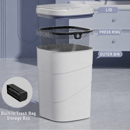 A white SAMATIFY trash can with a black press ring and clear plastic liner, shown with a detached lid above it. The image includes labeled callouts for lid, press ring, outer bin, and a circular inset showing a built-in trash bag storage box.