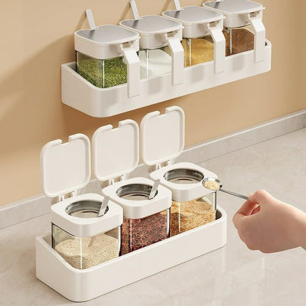 Kitchen Spice Rack for Home Use, Moisture-Proof Seasoning Box with Spoon, Wall-Mounted, No-Drill Cream-Style Storage Rack [SAMATIFY-CLEANED target=all_text]