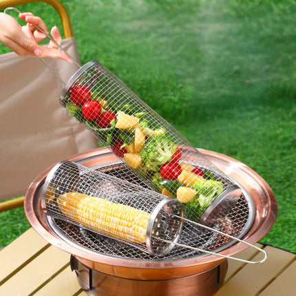 Stainless Steel Outdoor Portable Barbecue Cage Camping Picnic Grill Rotating Rolling Barbecue Net Upgraded Cross Border Barbecue Cage [SAMATIFY-CLEANED target=all_text]